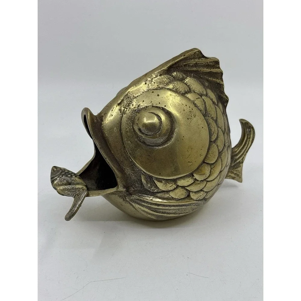 Vintage Solid Brass Happy Koi Fish Ashtray Cigar Open Mouth 1950's Soap Dish